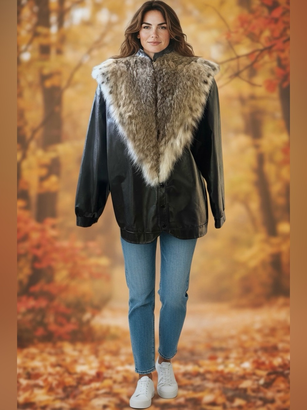 Leather jacket lynx fur trim